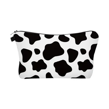 Cow-Print Polyester Zip Pouch with Side Tab