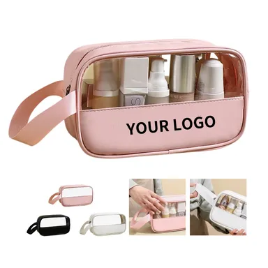 Clear PVC Cosmetic Bag with PU Trim and Wrist Strap