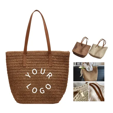Woven Straw Shoulder Tote with Flat PU Handles