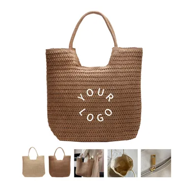 Woven Straw Tote with Zippered Polyester Lining