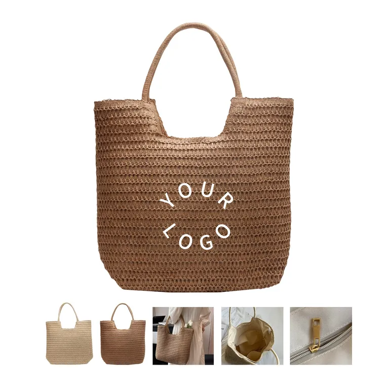 Woven Straw Tote with Zippered Polyester Lining · IMPBAG177 · image 1