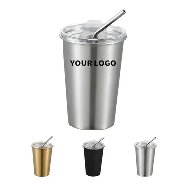 16 oz. Stainless Steel Cup with Lid and Straw