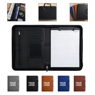 PU Zippered Padfolio with Clipboard and Card Slots