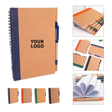 Kraft Spiral Notebook with Color Spine and Pen