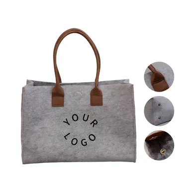 Felt Tote with Brown Loop Handles and Snap Closure