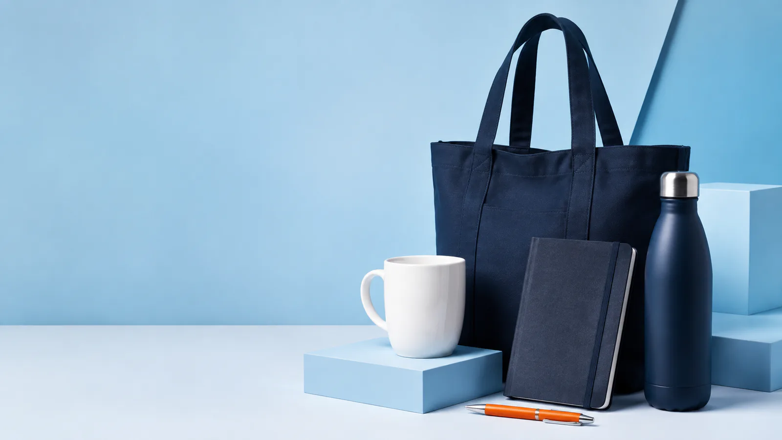 Corporate welcome kit with tote, mug, bottle, notebook and pen